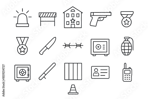 Minimalist crime and security icons set for law enforcement themes