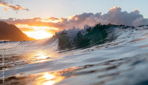 Fototapeta Naklejka Na Ścianę i Meble -  Ocean wave crashes at sunset with golden light and clouds