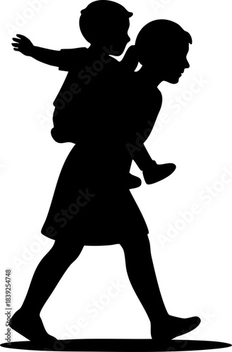 Silhouette of woman carrying child on back in playful caring moment