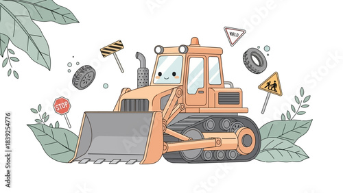 Adorable cartoon construction vehicle surrounded by playful safety and traffic