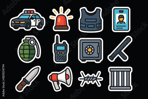Security and law enforcement icons police car, hand grenade, barbed wire, walkie talkie