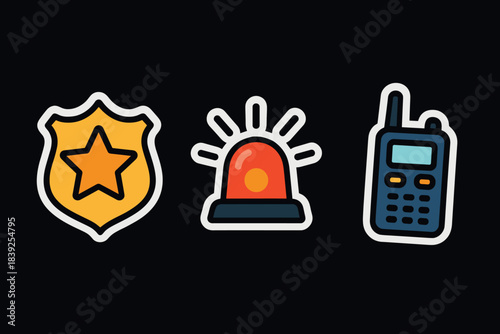 Colorful police icons badge, siren, and walkie talkie on black background