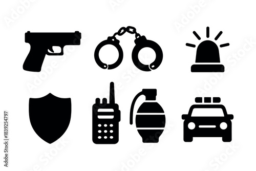 Police equipment icons silhouette collection of tools for law enforcement