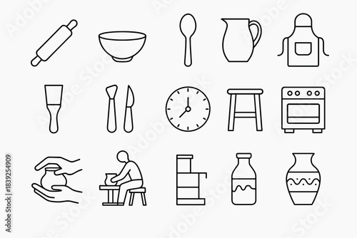 Minimalist kitchen and pottery icons in simple linear design