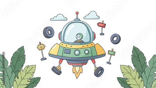 Futuristic cartoon flying saucer spaceship navigating through lush green