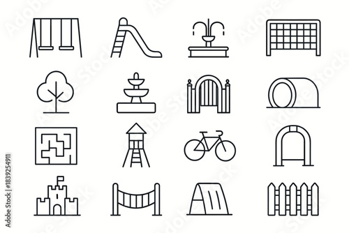 Playground and park icons in linear style featuring swings, slides, and more