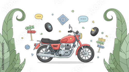 Stylish vintage motorcycle illustration with playful floating elements and