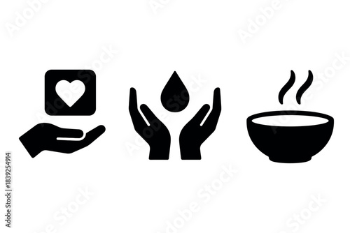Minimalist black icons of care, hydration, and nourishment in solid style