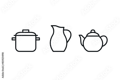Minimalist kitchenware icons featuring pot, jug, and teapot in linear design
