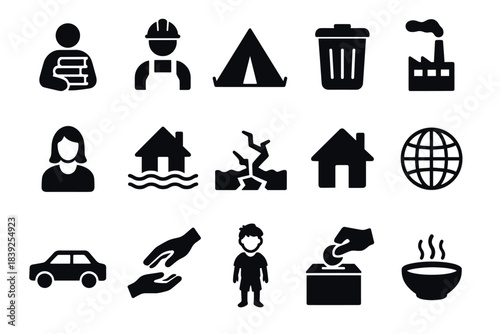 Set of silhouette icons for environment, industry, and human activities