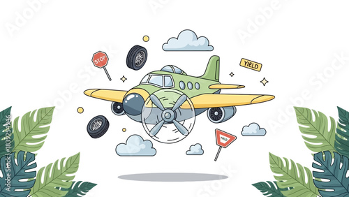 Whimsical cartoon airplane flying through clouds with road signs and tires