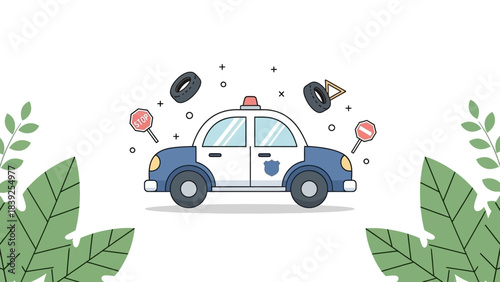illustration of a cartoon police car with traffic stop signs and repair tools