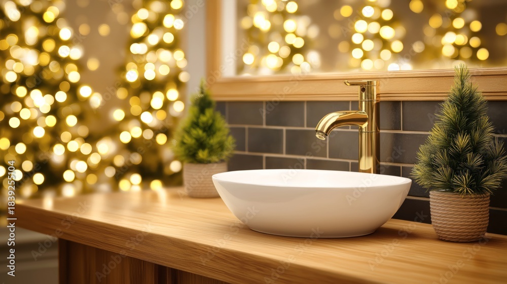 Fototapeta premium A warm bathroom scene featuring a white vessel sink, gold faucet, and two miniature evergreen plants on a wooden countertop, bathed in the soft bokeh of golden lights