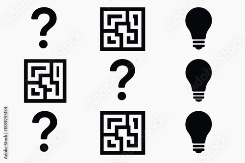 Simple icon set featuring maze, question mark, and light bulb designs