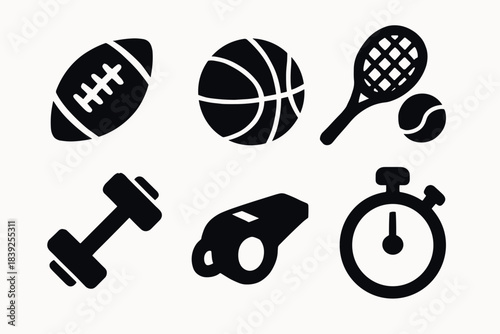 Silhouette icons of sports equipment football, basketball, tennis, stopwatch, whistle, dumbbell