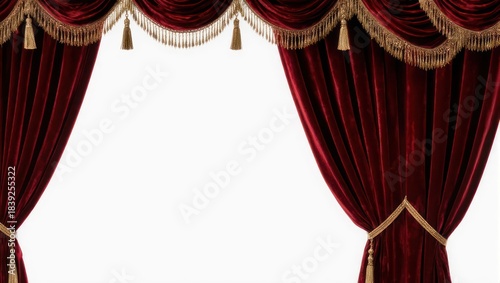 Elegant Red Velvet Curtains with Gold Tassels and Trim.