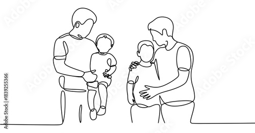 Continuous line drawing of two families, one parent with a small child and another parent with a slightly older child