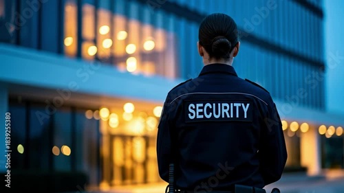 Security guard standing outside a modern building at dusk