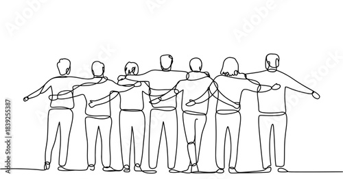Group of diverse friends standing together, arms around each other, illustrating unity, friendship, and togetherness in a continuous line art style