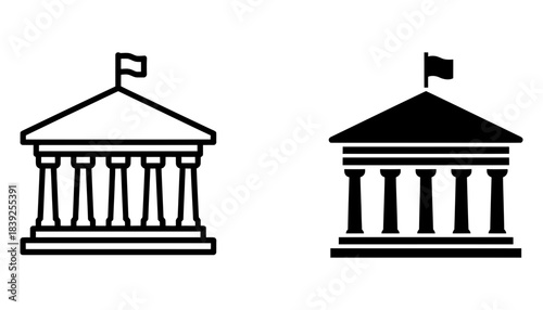 Two icons of a building with columns and a flag on top, one is a line drawing and the other is a solid silhouette, representing government.