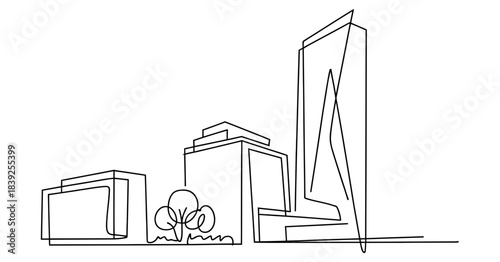 Modern minimalist line drawing of a cityscape with skyscrapers and trees, conveying urban development and architectural design in a clean, artistic style.