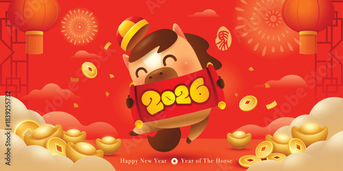 Happy Chinese New Year. A Prosperous Year of the Horse. Cute Horse on New Year Background with Festive Decorations