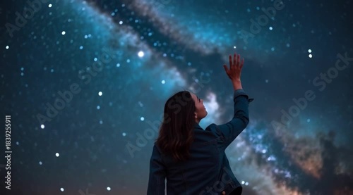 Woman reaching for stars under the night sky filled with galaxies  