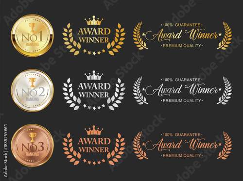 Number 1 award winner, Best Quality Luxury Gold Bronze Silver badge premium emblem isolated on black background stock illustration 