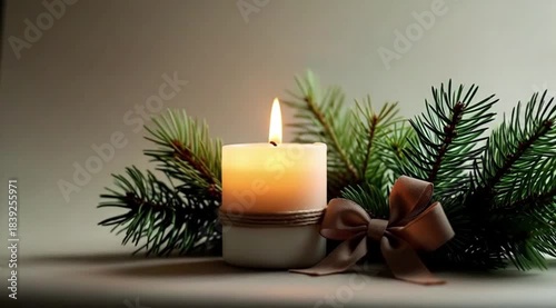 Christmas candle with ribbon beside evergreen branches  