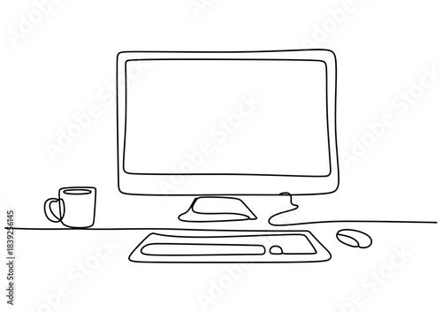 Modern minimalist line art of a computer, keyboard, mouse, and coffee mug on a desk, symbolizing technology and work from home setup.