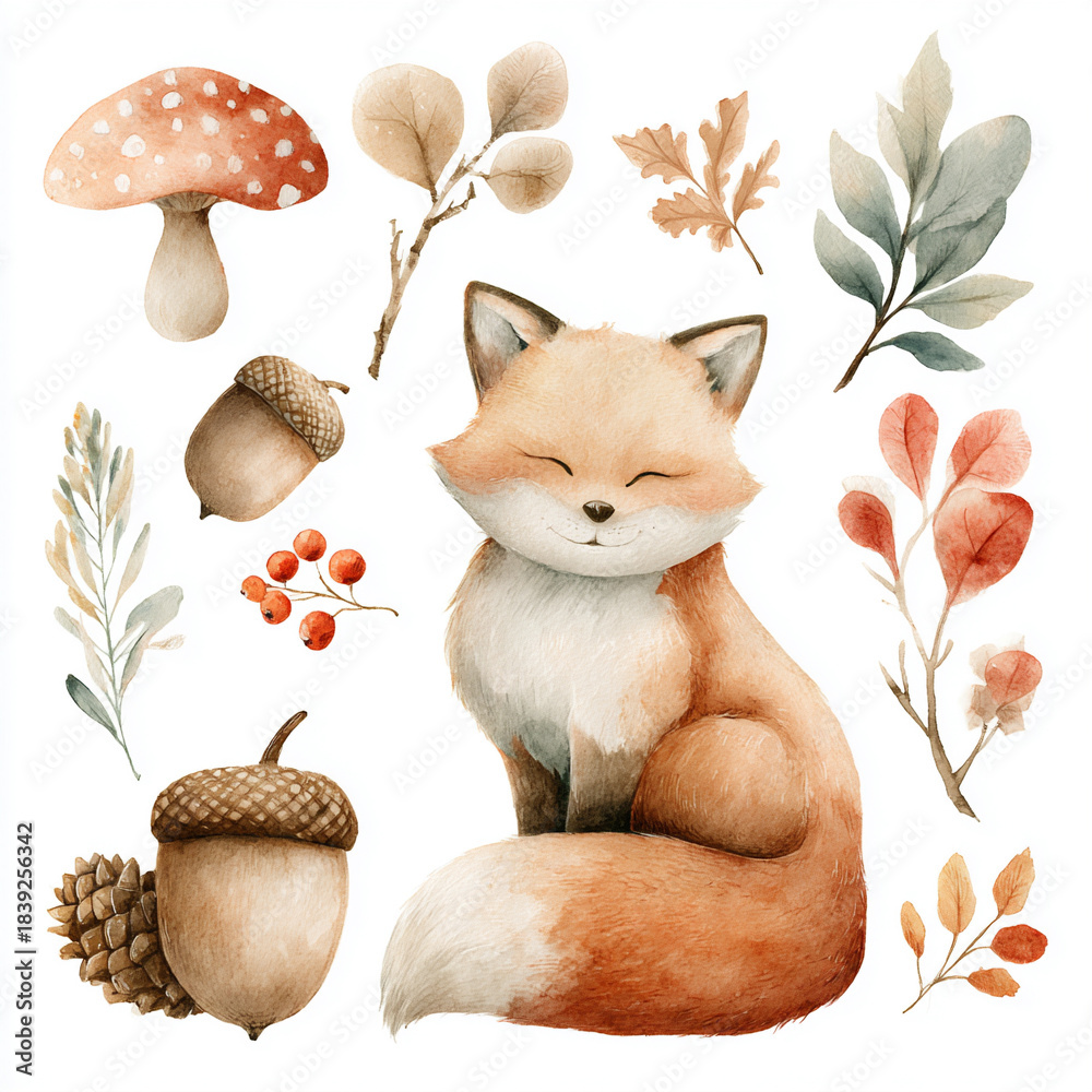 Fototapeta premium Watercolor clipart set featuring an adorable fox surrounded by mushrooms, acorns, leaves, and red berries.