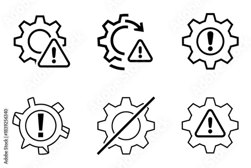 Set of six line art icons representing gears with warning signs, attention symbols, and error indicators for system alerts and configuration issues.