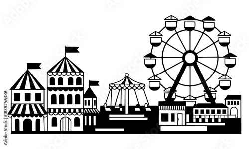 Black  carnival or amusement park skyline vector illustration with Ferris wheel, carousel, and various striped booths and buildings.
