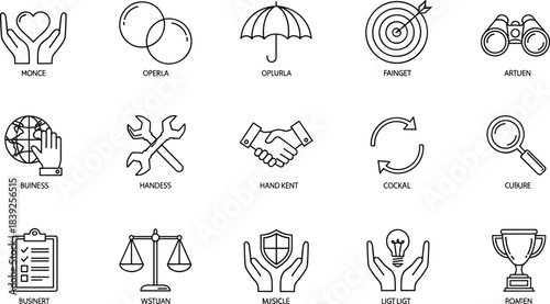 Essential Business Ethics and Partnership Line Icons Set Featuring Handshake Deal, Global Business, Financial Security, Legal Justice Scales, Corporate Protection, and Target Goals for Success.