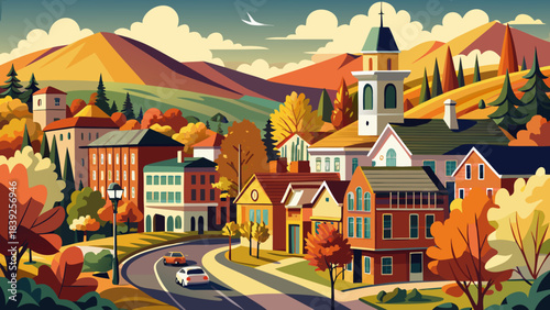 Very beautiful Burlington Vermont scene with charming streets, warm seasonal trees, and a welcoming small-town atmosphere framed by distant hills under clear sky.