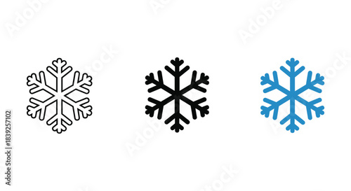 Snowflake icon set in line style solid black silhouette and bright blue color