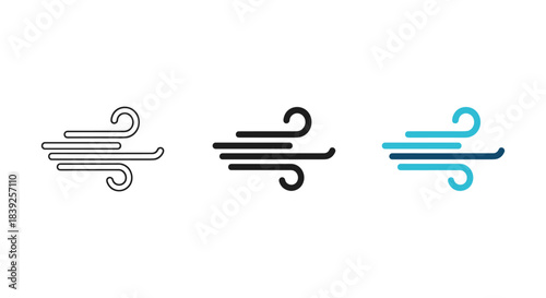 Wind blow icon set in line style solid black silhouette and colorful flat design