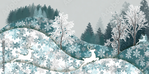 Computer graphics. Beautiful winter illustration. Snow-covered hills, trees, running deer. Day.   
