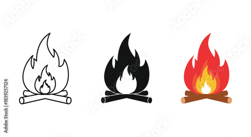 Campfire icon set in line style solid black silhouette and colorful flat design