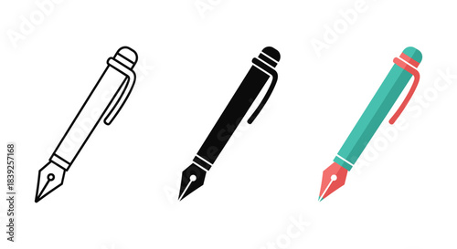 Fountain pen vector icon set writing instrument outline glyph and flat style illustration designer tool symbol