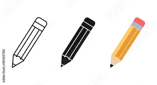Wooden pencil vector icon set drawing tool outline glyph and flat style illustration writing supply symbol education instrument