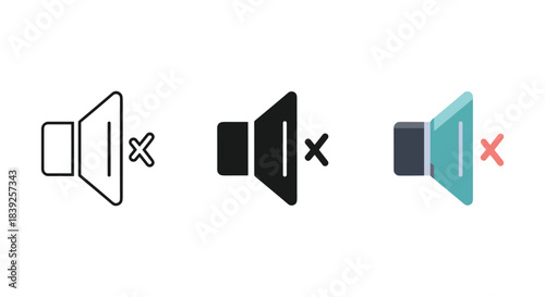 Mute volume sound off speaker icon set showing line solid and colorful graphic symbols for audio controls