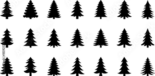 A high-contrast set of bold outlined Christmas tree icons ideal for stickers, signage, digital apps, labels, and festive designs requiring clear, strong monochrome visuals.