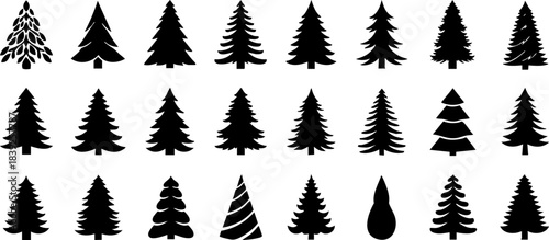 A sleek collection of line-art monochrome Christmas tree icons designed for minimal branding, clean interfaces, elegant invitations, and professional holiday graphic projects.