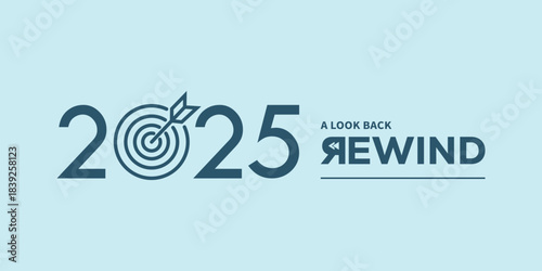 Minimal “2025 A Look Back Rewind” typography logo on light blue background, ideal for year in review video intro, recap presentation, social media highlights, podcast cover.
