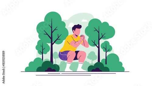 Young man doing squats outdoors among lush green trees