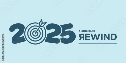 Minimal “2025 A Look Back Rewind” typography logo on light blue background, ideal for year in review video intro, recap presentation, social media highlights, podcast cover.