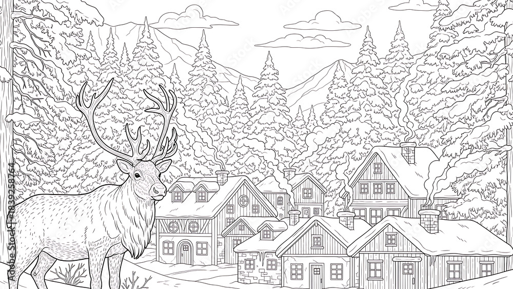 Obraz premium Monochrome Holiday Coloring Book Illustration of Snowy Town