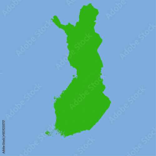 Green silhouette map of Finland in a simple flat vector style showing its tall northern shape and region divisions
