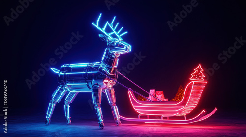Christmas neon reindeer with glowing sleigh and gift boxes create festive holiday atmosphere with modern vibrant colors and joyful energy